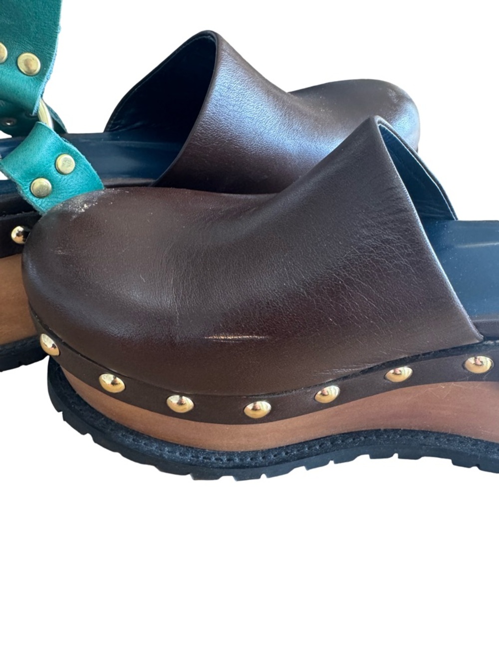 Sacai Wooden Wedge Stud Colourblock Leather Clogs - Picture 3 of 9